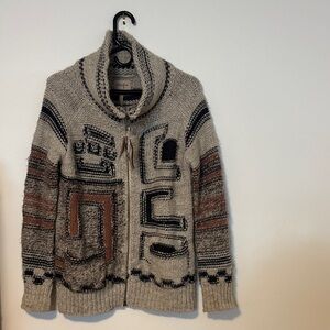 Wilfred Women's Zip Up, high neck Sweater - Gray, Black, and Brown.  Cozy